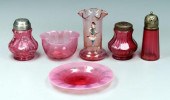 Six pieces cranberry glass: 6