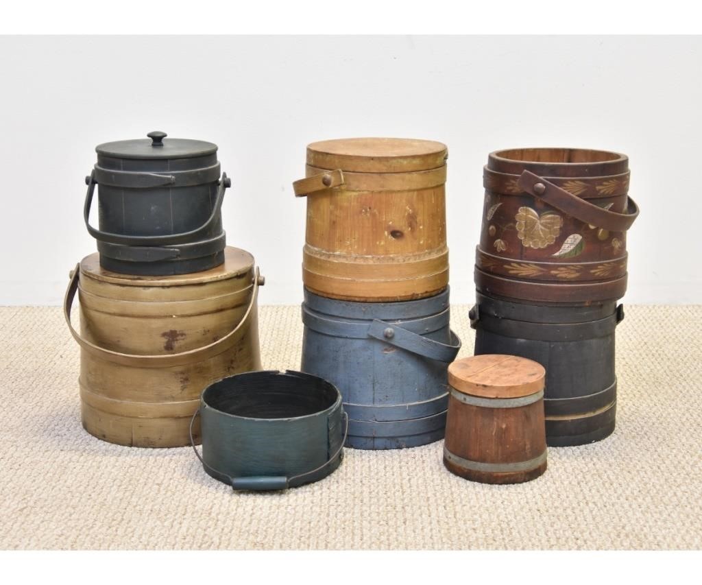 Six pine firkins, largest 12"h x