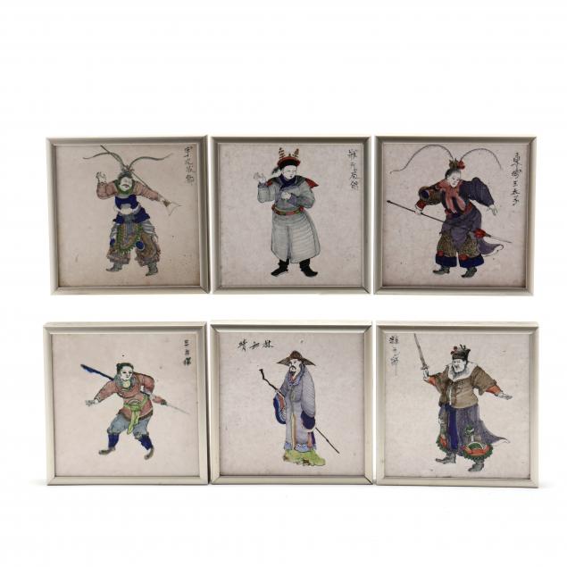 SIX POLYCHROME ASIAN FIGURAL TILES,
