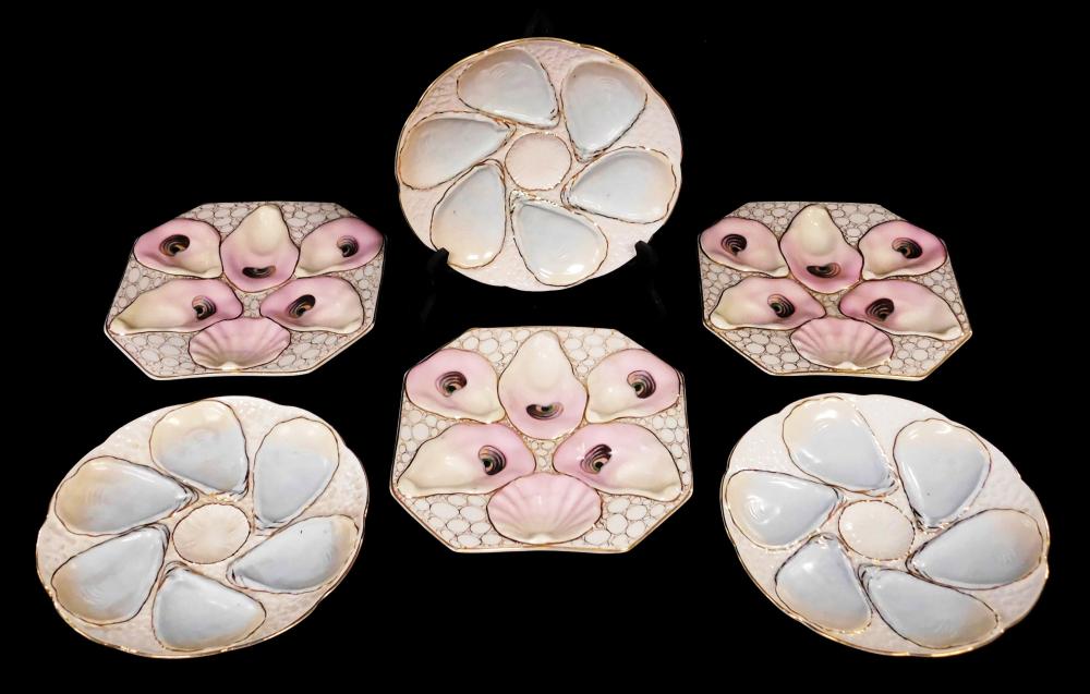 SIX PORCELAIN OYSTER PLATES,