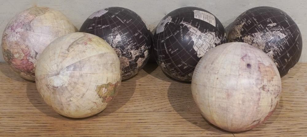 SIX PRINTED ROLLED GLOBES, D: 4 IN.