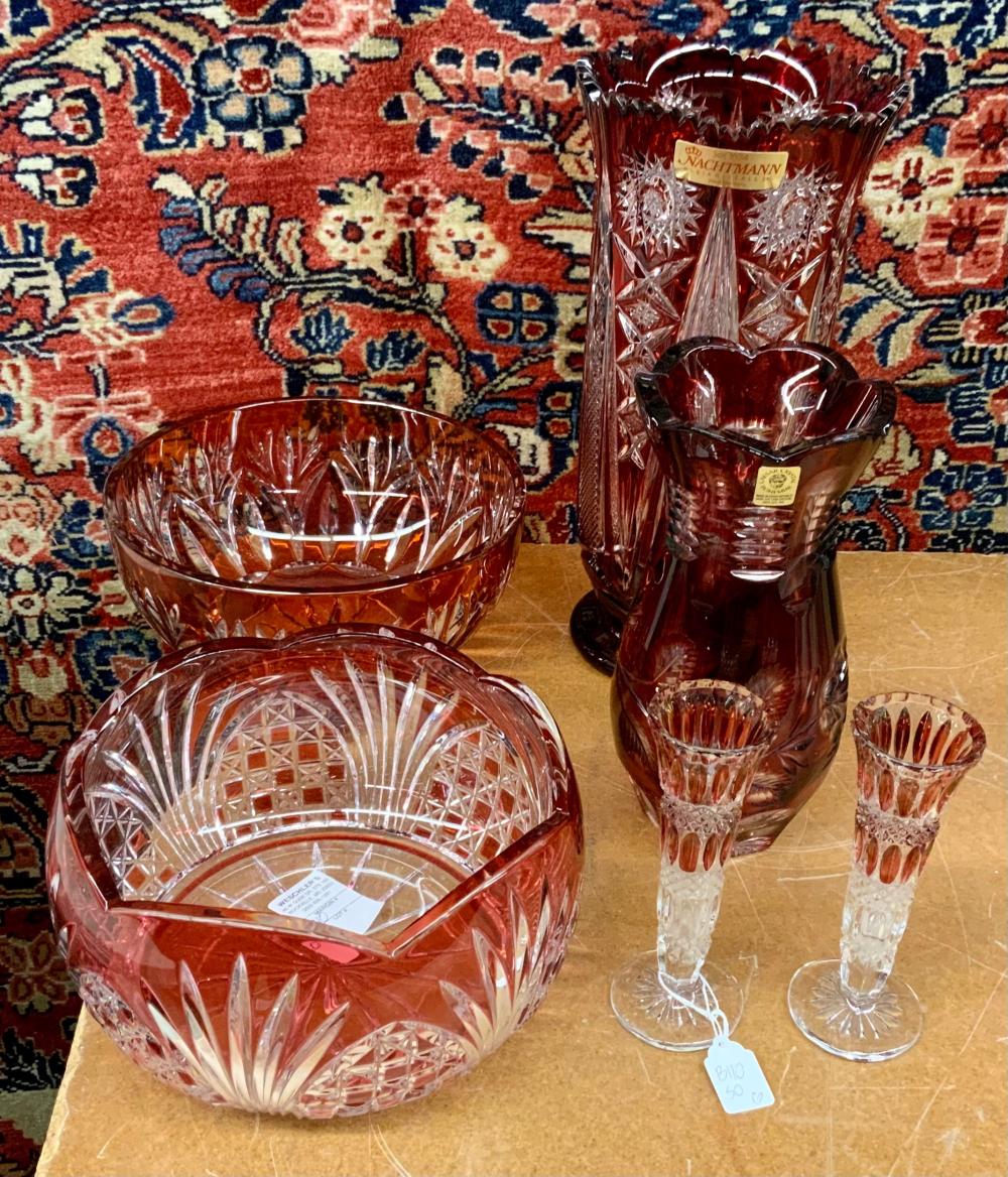 SIX RED-TO-CLEAR CRYSTAL TABLE