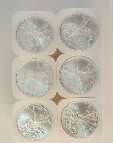 SIX ROLLS OF SILVER EAGLES, 1 OZ.