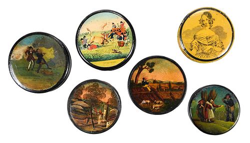 SIX ROUND LACQUERED DECORATED