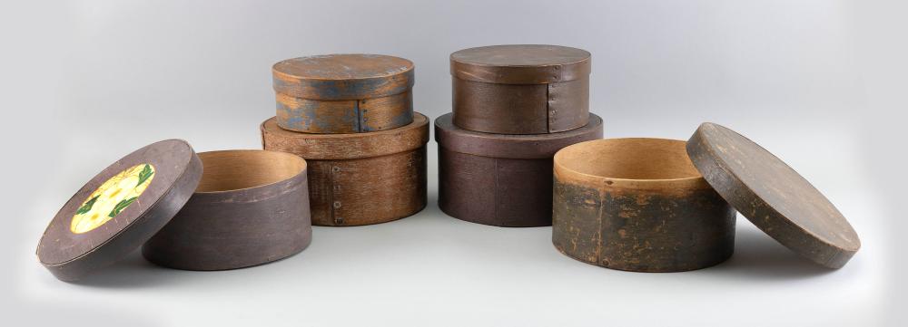 SIX ROUND PAINTED WOODEN MEASURES