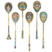 Six Russian Enameled Silver Sp