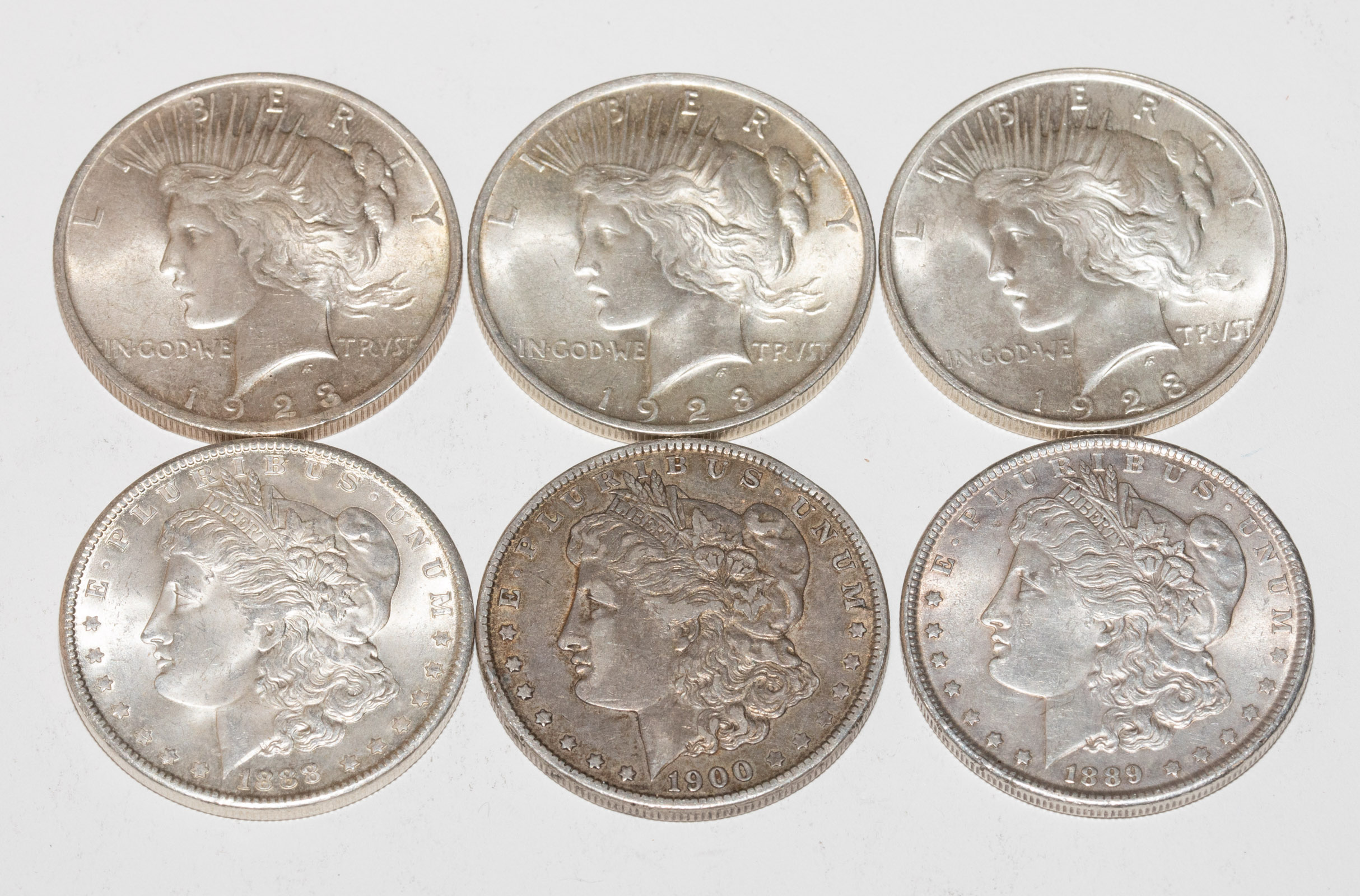 SIX SILVER DOLLARS 1888 AU, 1889