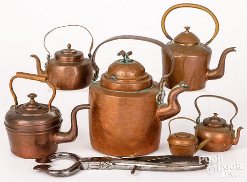 SIX SMALL COPPER KETTLES, ETC.Six