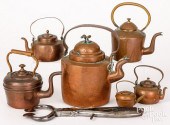 SIX SMALL COPPER KETTLES, ETC.
