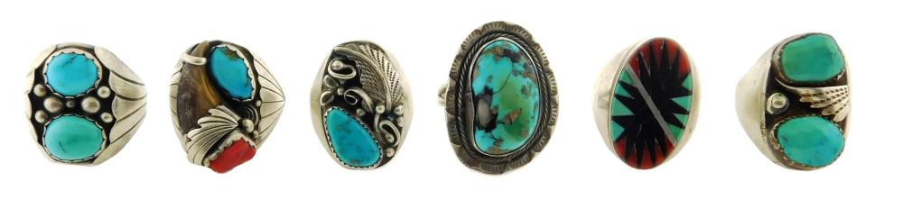 SIX SOUTHWESTERN STYLE SILVER RINGS