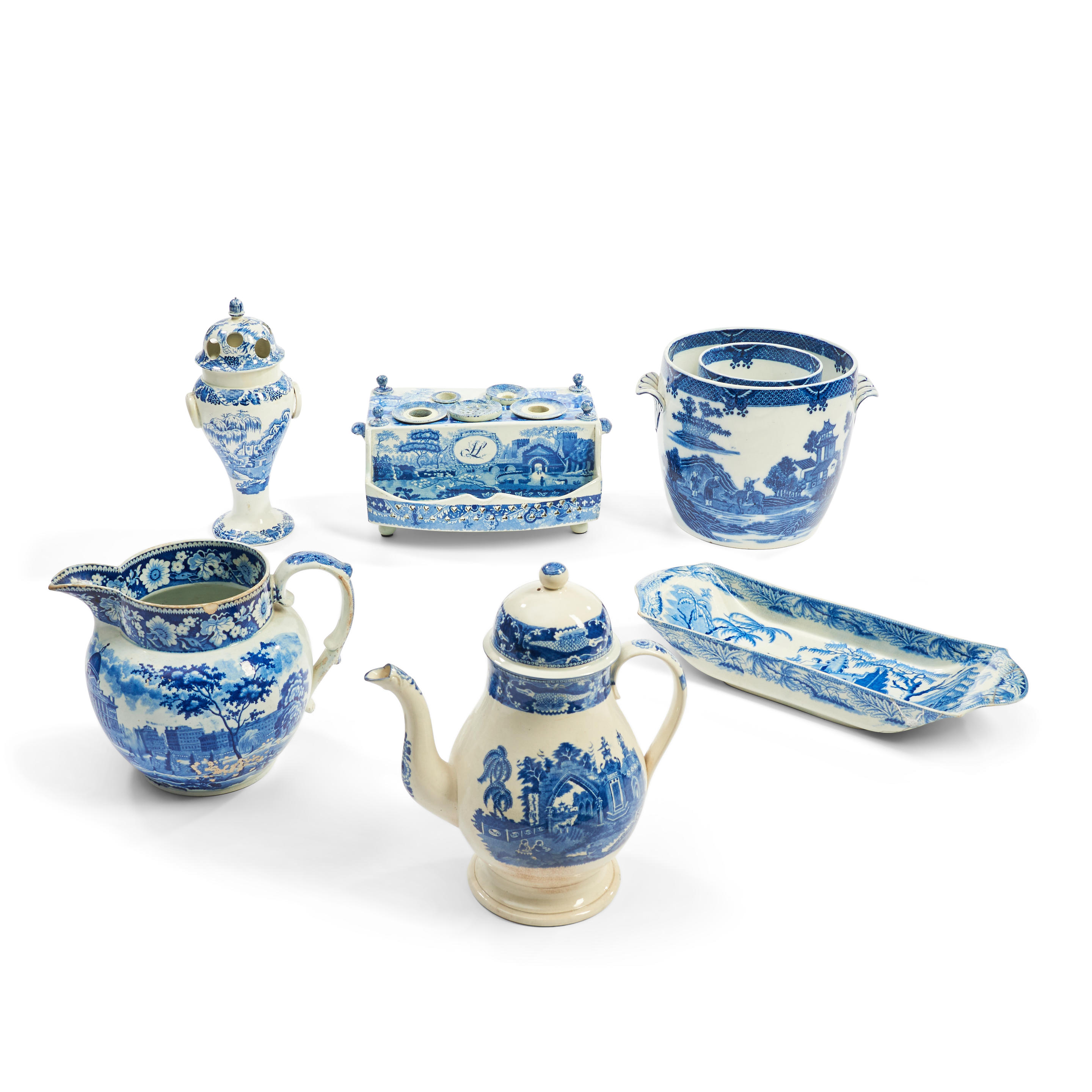 SIX STAFFORDSHIRE BLUE TRANSFER