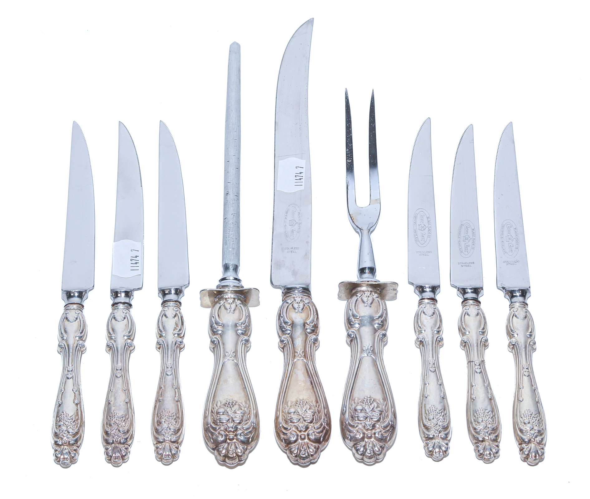 SIX STERLING HANDLED STEAK KNIVES &