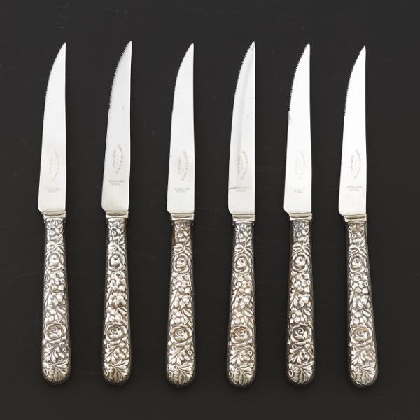 SIX STERLING SILVER STEAK KNIVES