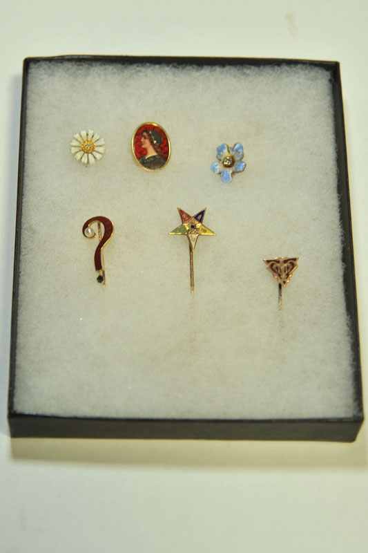 SIX STICK PINS. All enamel. One