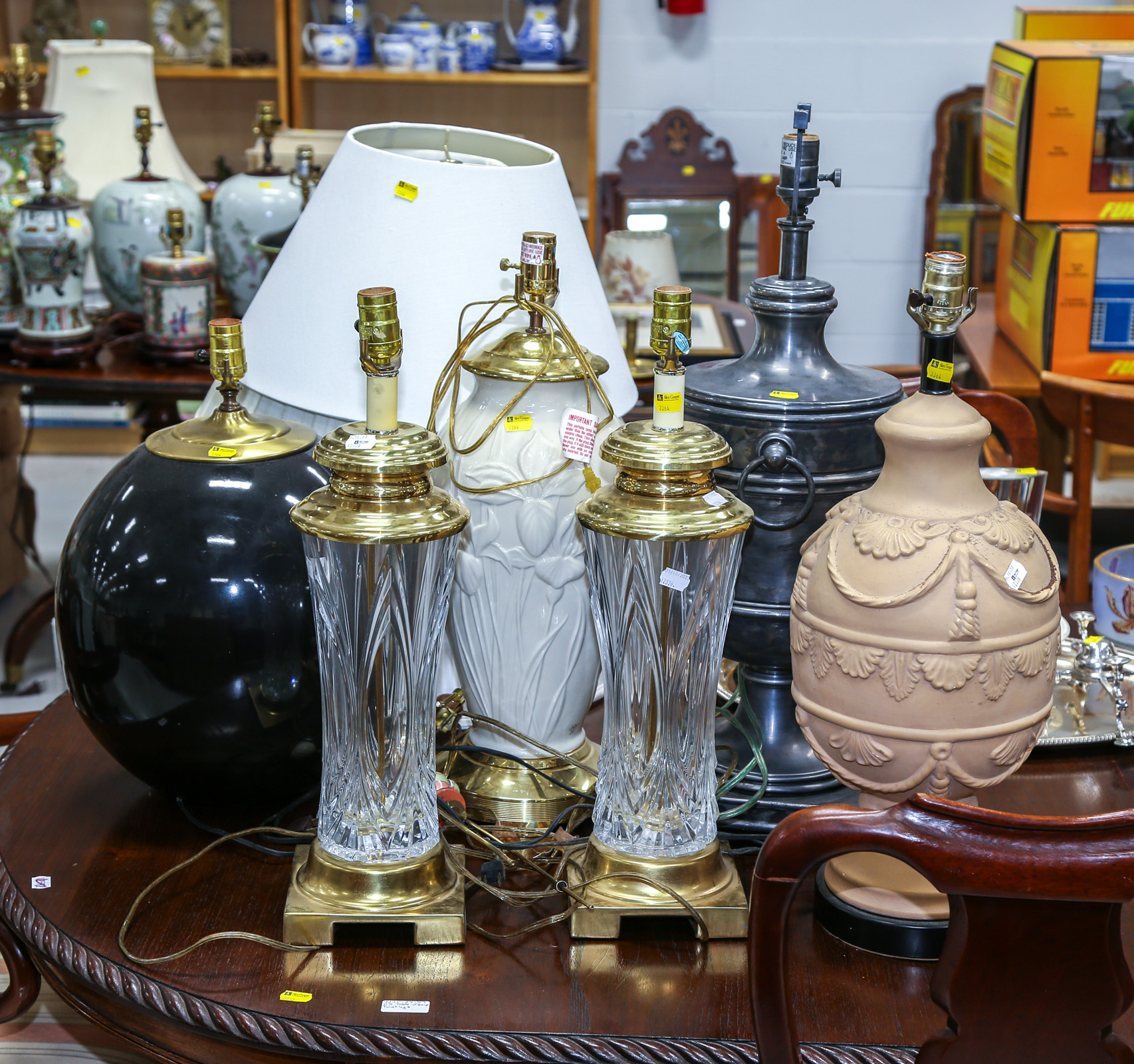 SIX TABLE LAMPS With four shades.