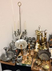 SIX TRAY LOTS OF BRASS AND PEW