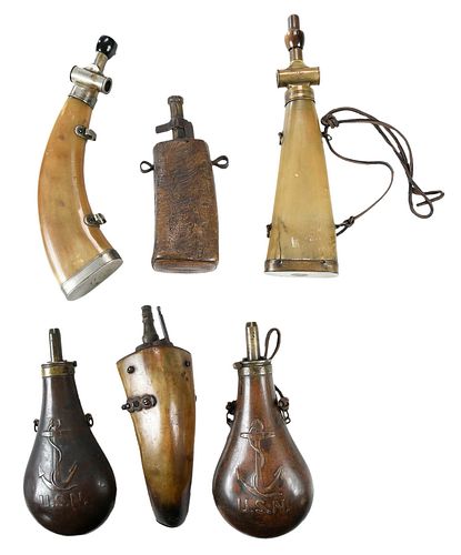 SIX VARIOUS POWDER FLASKSthree with