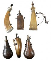 SIX VARIOUS POWDER FLASKSthree