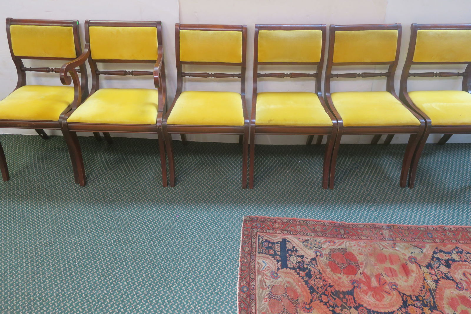 SIX VELVET UPHOLSTERED MAHOGANY