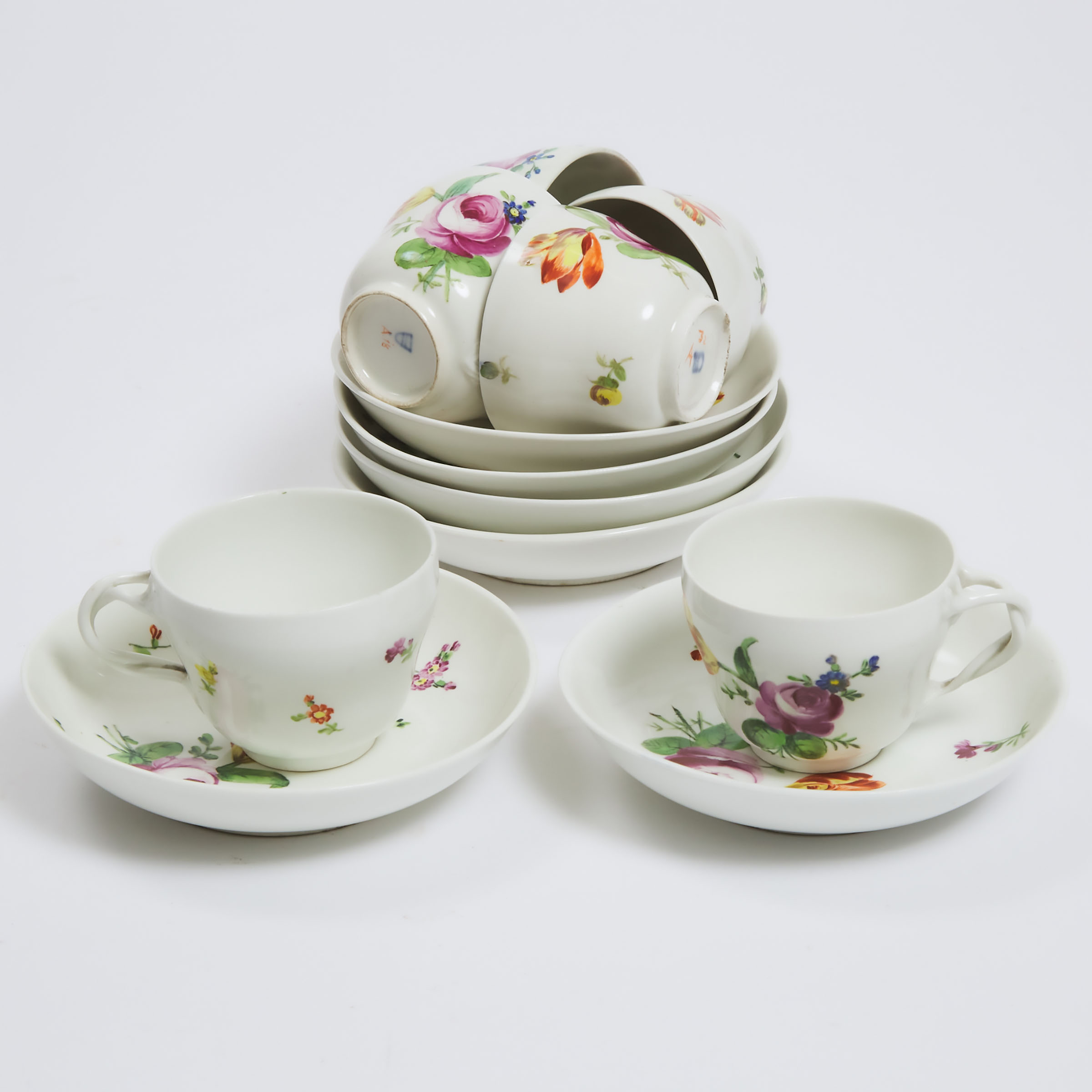 Six Vienna Flower Painted Cups
