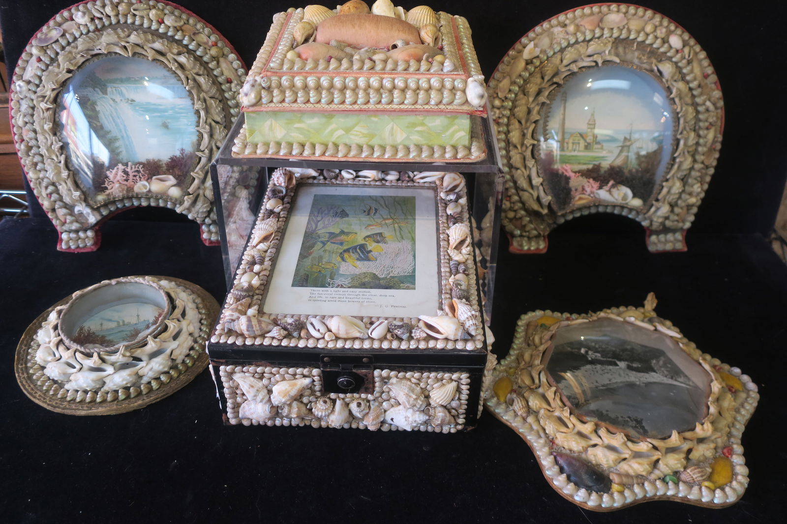 SIX VINTAGE SAILOR'S SHELL ART