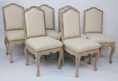 SIX WHITE WASHED UPHOLSTERED DINING