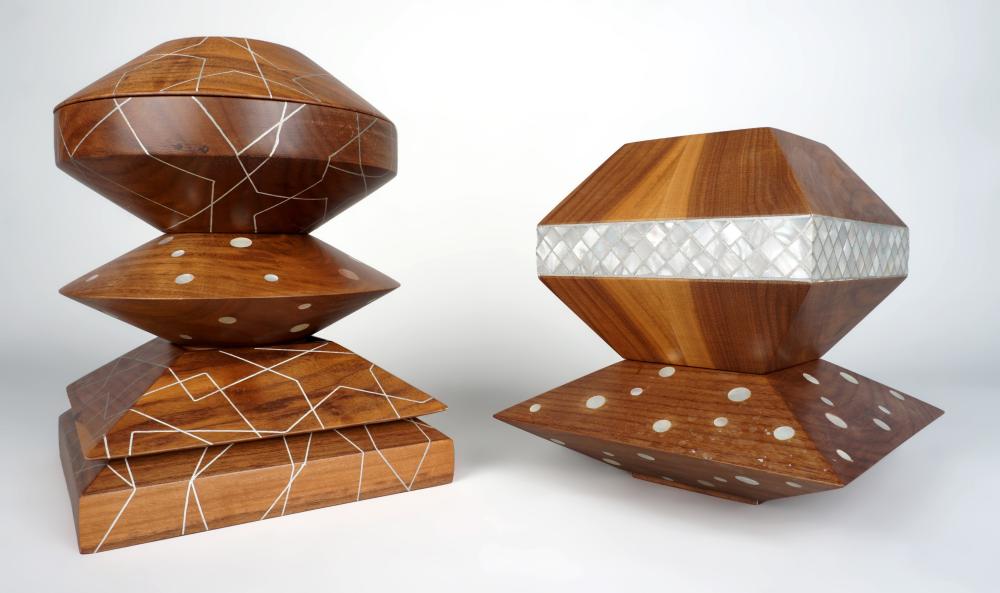 SIX WOOD AND MOTHER OF PEARL INLAID