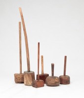 SIX WOODEN MALLETS AND MASHER.