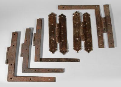 Six wrought iron hinges: four