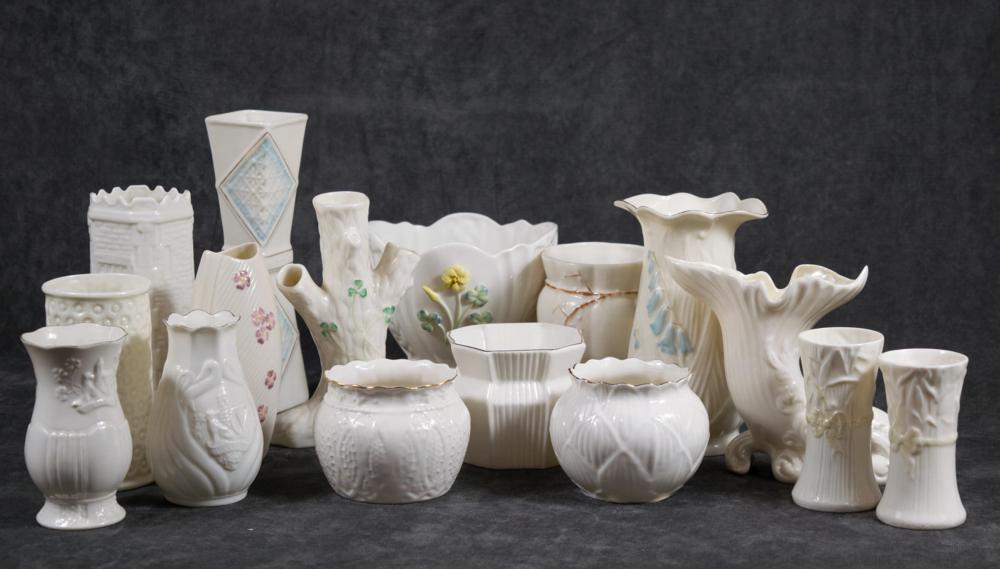SIXTEEN BELLEEK PORCELAIN VASES AND