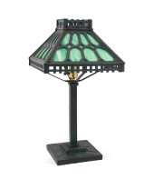 SLAG GLASS AND IRON LAMP, ATTR