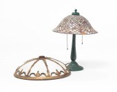 SLAG GLASS LAMP AND SHADE. Twe