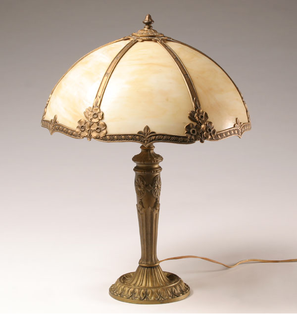 Slag glass lamp; six panels, gilt