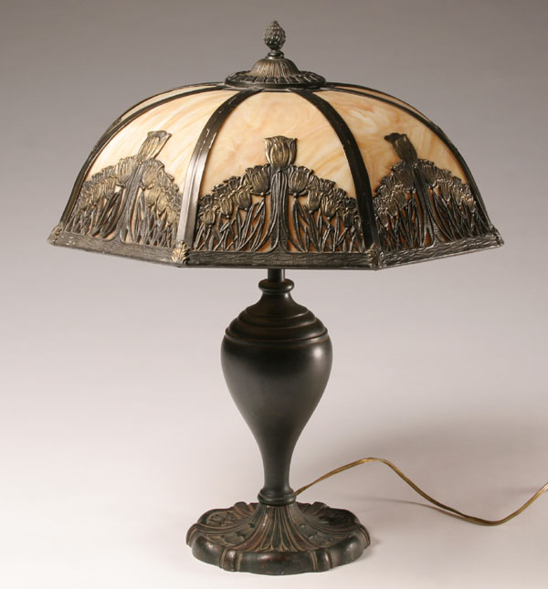 Slag glass lamp; urn-shaped base,