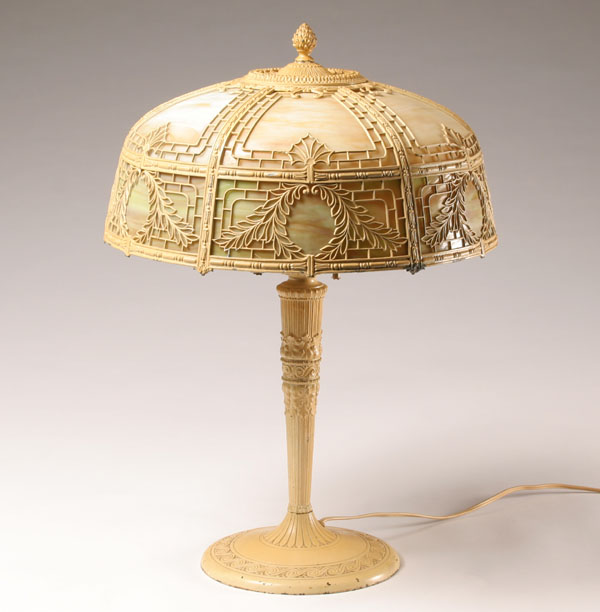 Slag glass lamp; white metal base