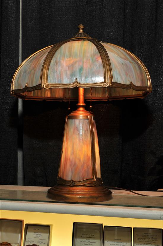 SLAG GLASS TABLE LAMP. Brass lamp