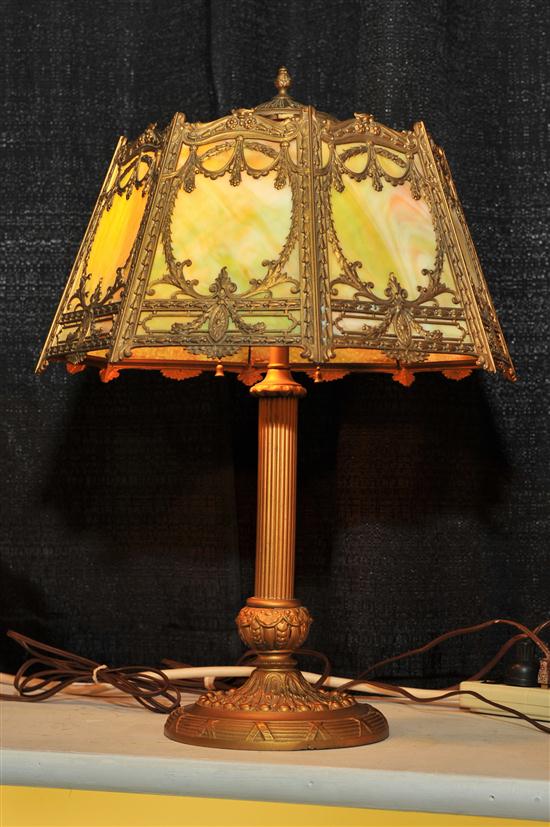SLAG GLASS TABLE LAMP. Brass base