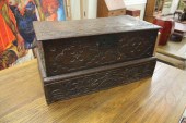 SMALL CARVED OAK LIFT-TOP COFF
