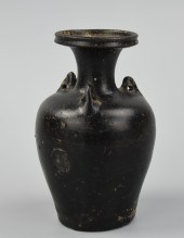 SMALL CHINESE BLACK VASE W/3 H