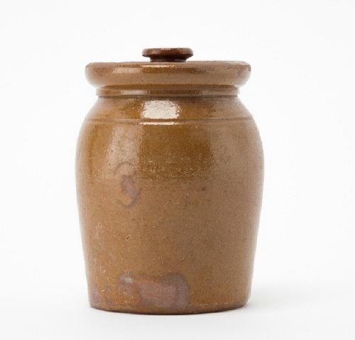 SMALL COVERED REDWARE JAR, 19TH