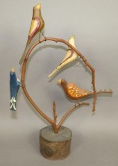 SMALL FOLK ART CARVED FOUR BIR