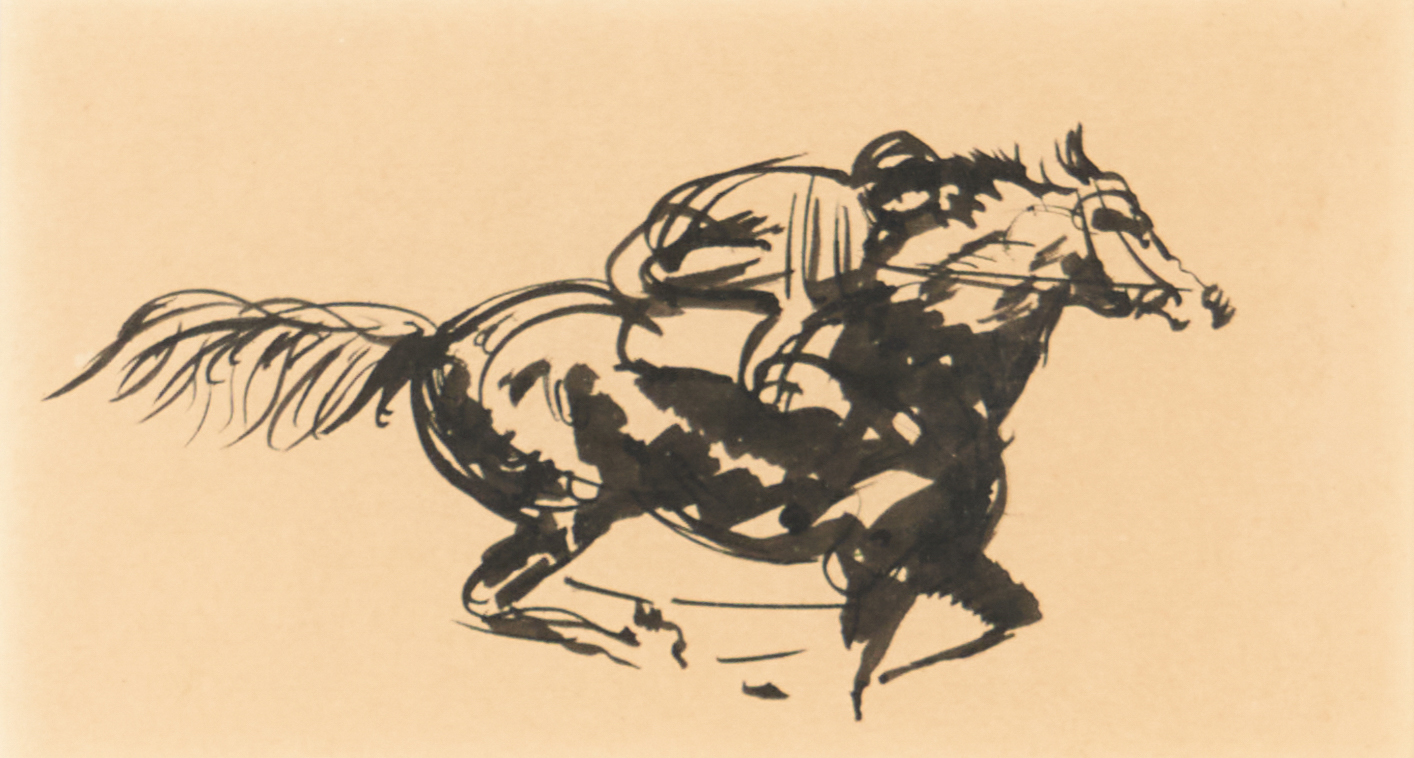 Small sketch of a racehorse, ink on