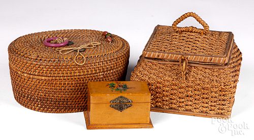 SMALL WOODEN SEWING BOX AND TWO