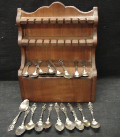 Souvenir Spoons & Wood Holder. From