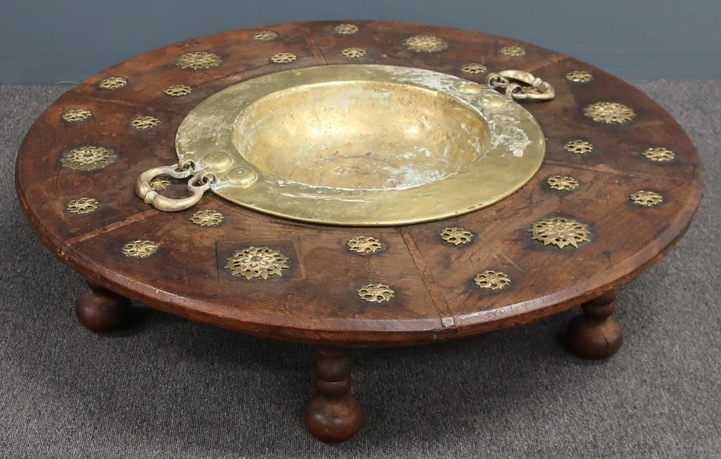 Spanish brass and walnut brazier,
