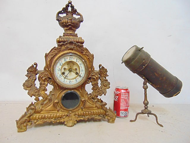 SPELTER GOLD PAINTED MANTLE CLOCK &