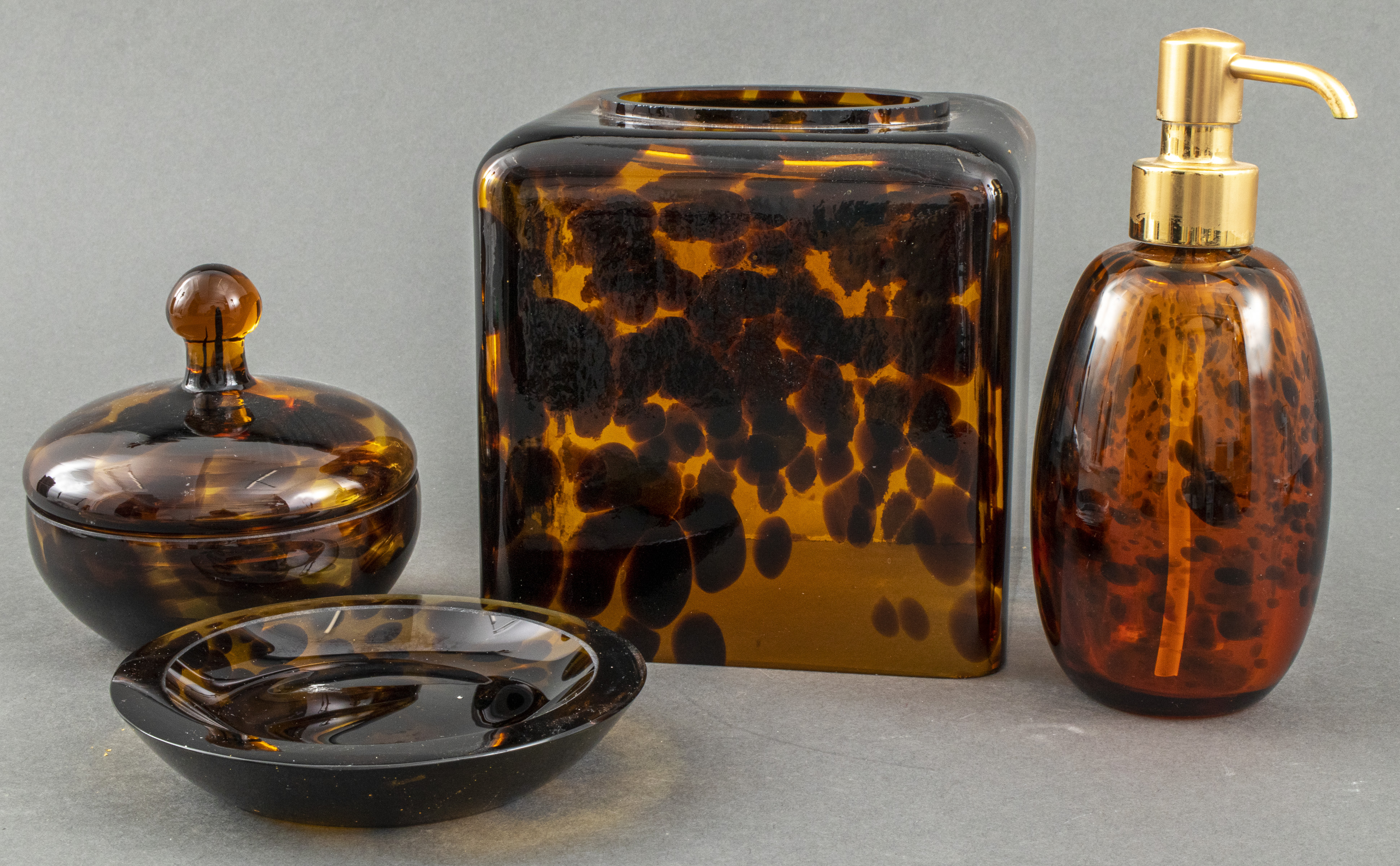 SPOTTED AMBER GLASS VANITY SET, 4