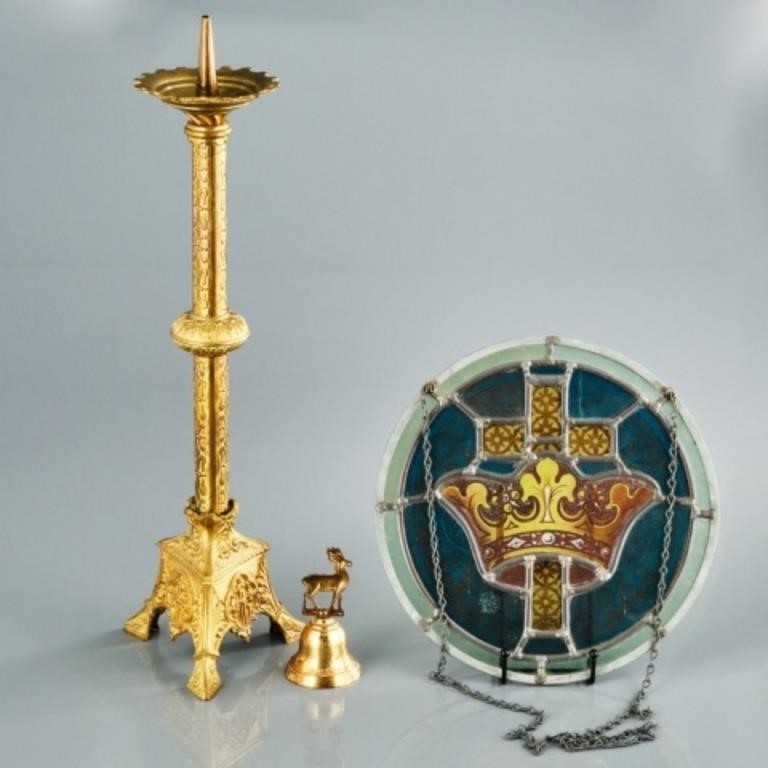 STAINED GLASS, CANDLESTICK & BELL -