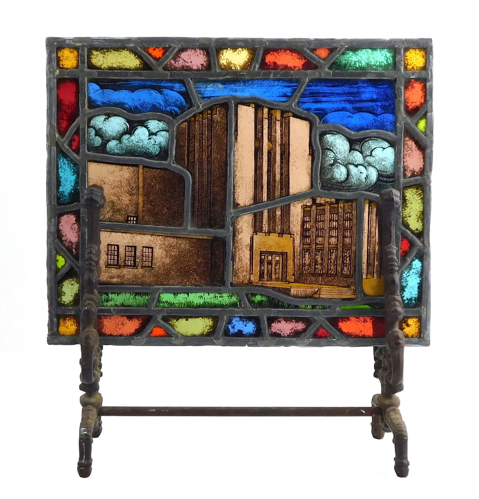 STAINED GLASS PANEL ON CAST IRON
