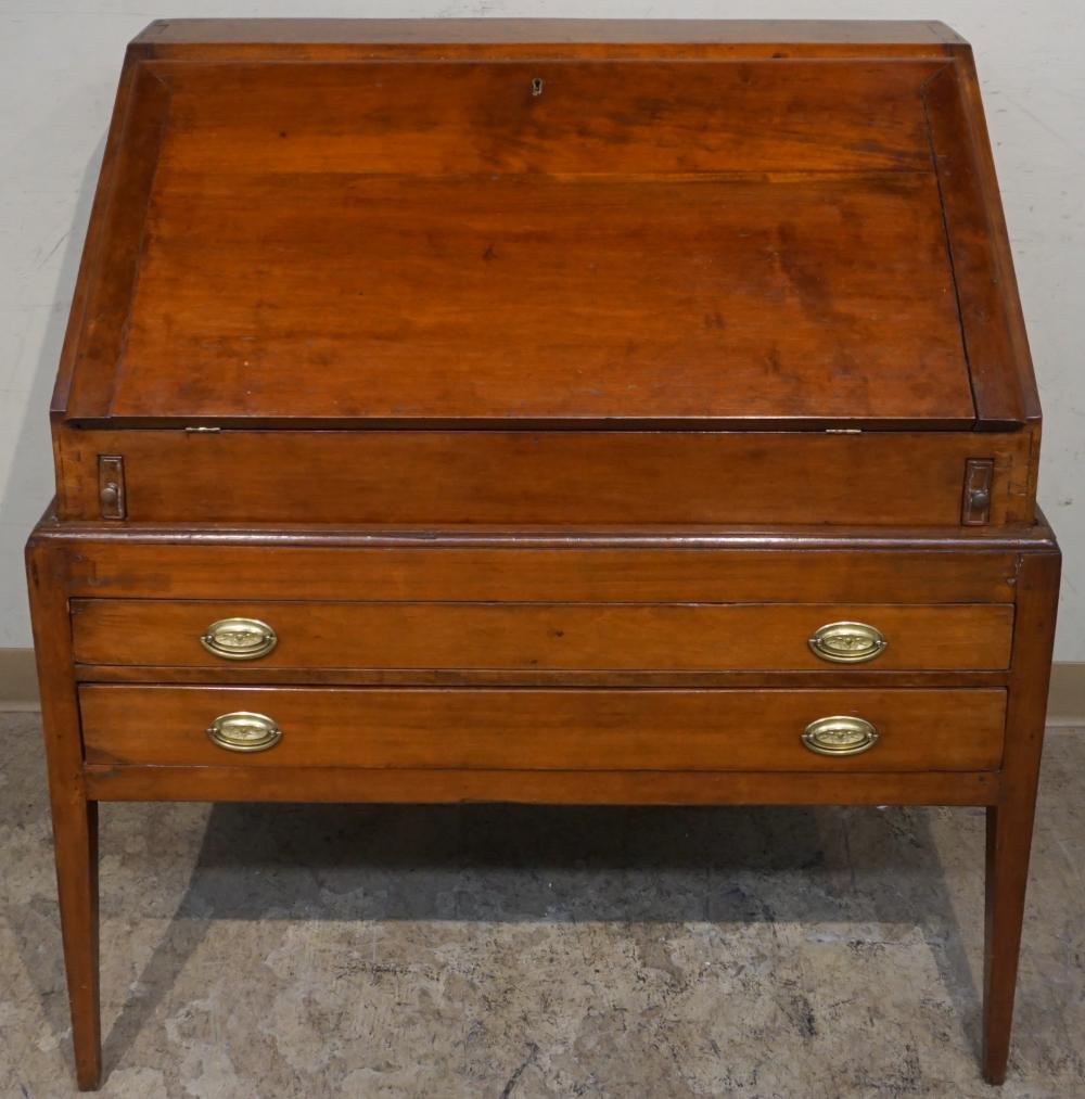 STAINED PINE SLANT-FRONT DESK ON